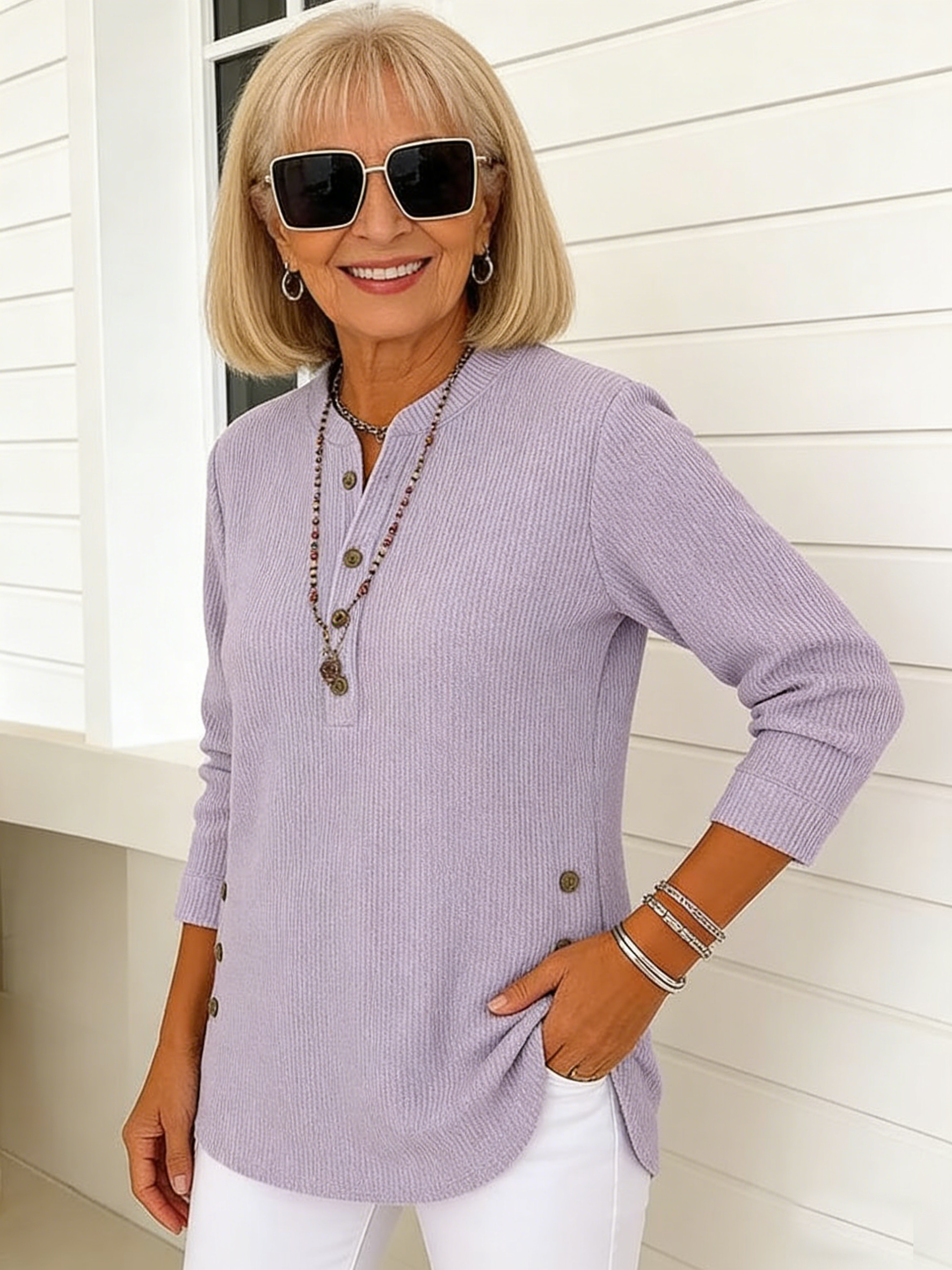 Corduroy Solid Color Loose Casual V-Neck Button Long Sleeve Women's Top T-Shirt