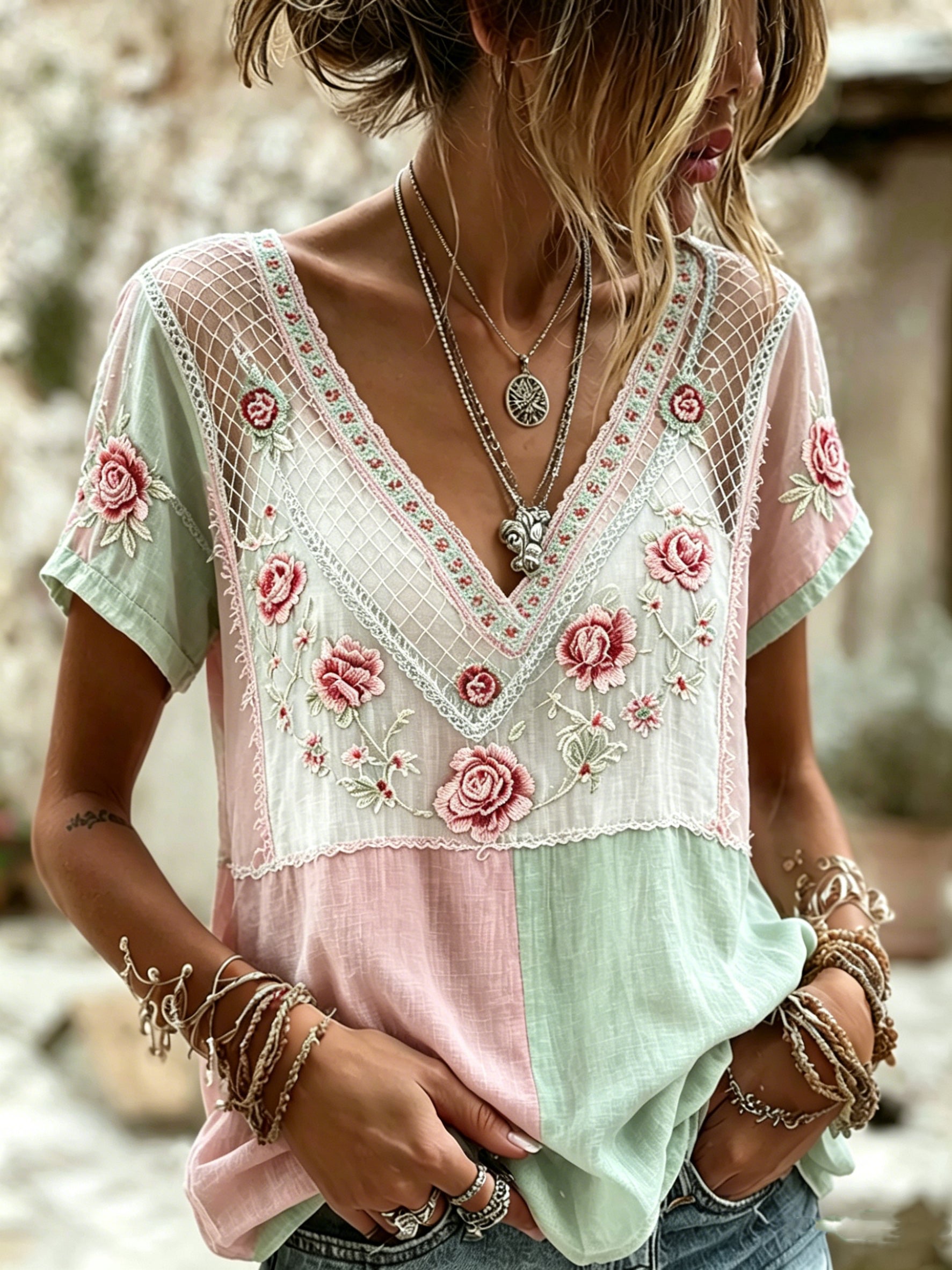 Women's Retro Pink Floral Pattern Casual Linen Blend T-shirt