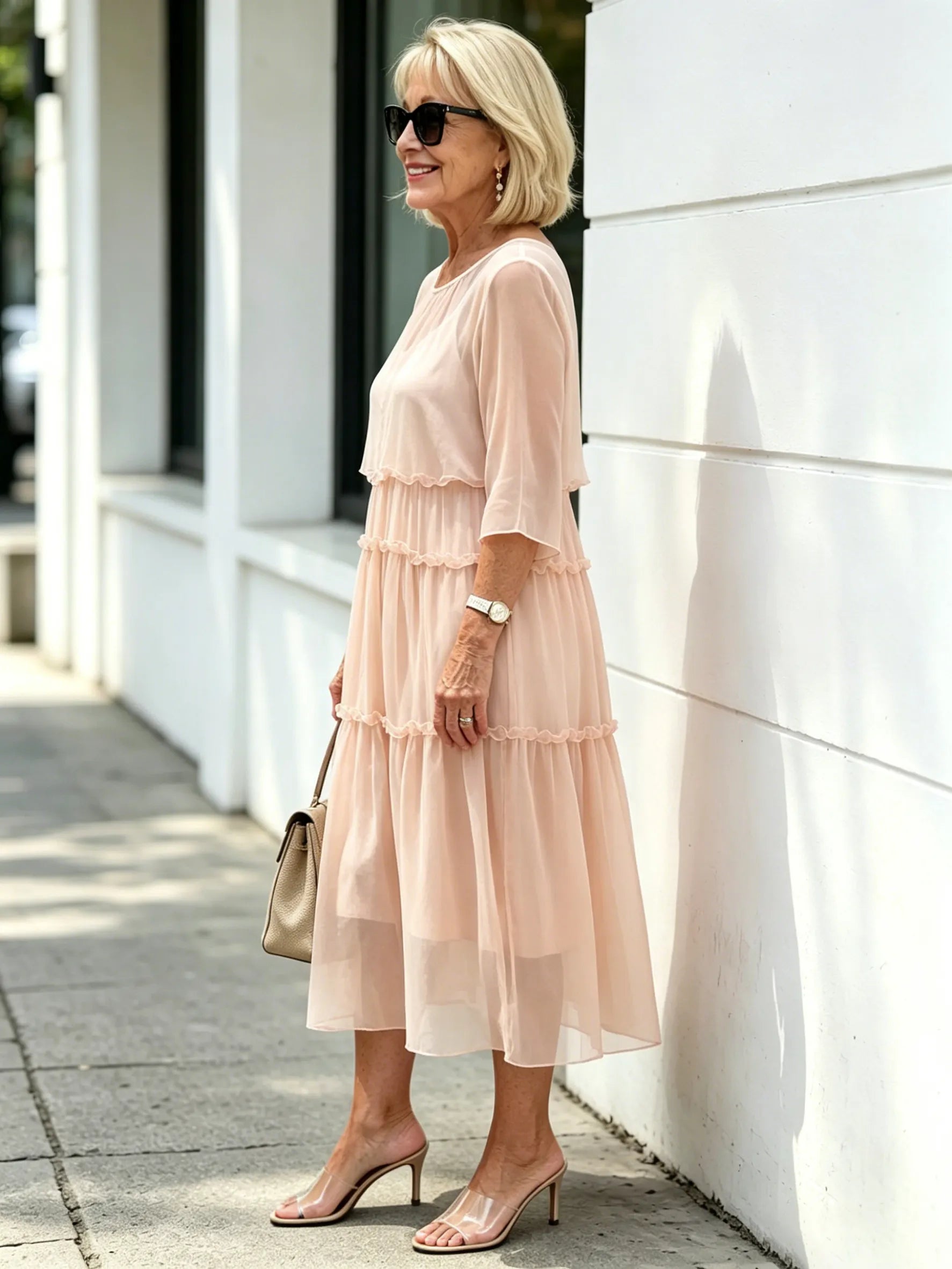 Light Blue Tiered Ruffle Chiffon Midi Dress, Round Neck Flutter Short Sleeve Loose Plus Size Elegant Women Dress