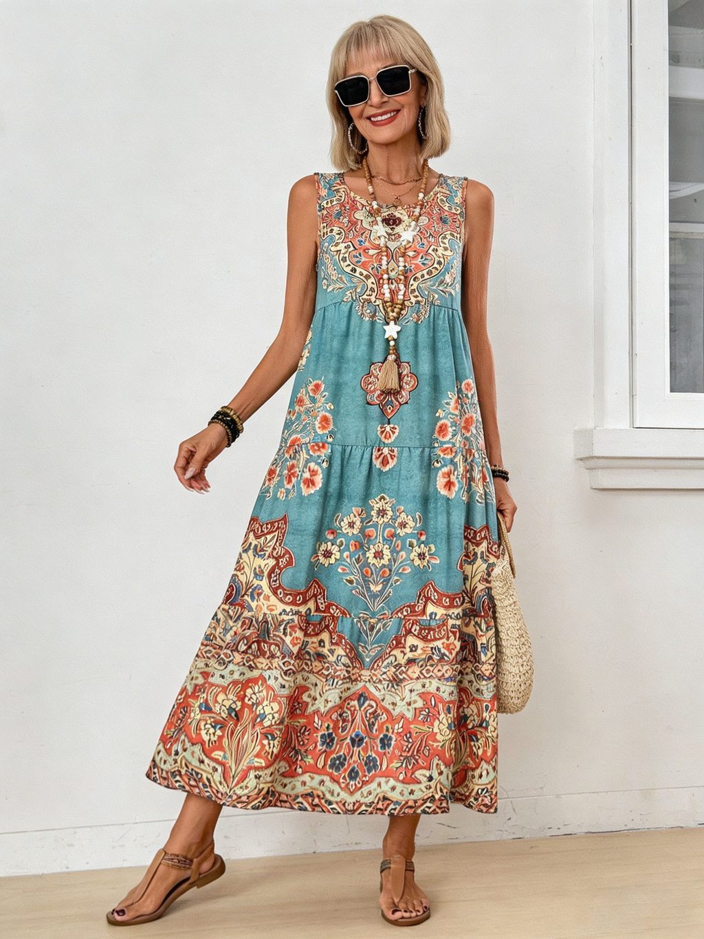 Printed Sleeveless V-Neck Vest Skirt Fashion Vacation Printed Dress Women