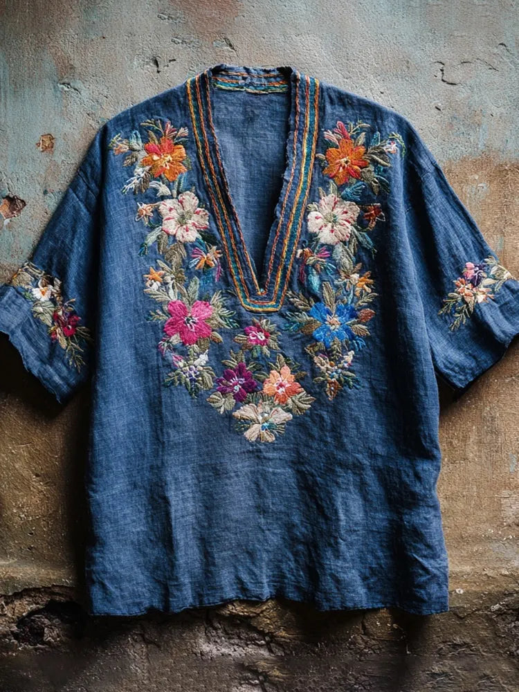 Boho & Ethnic Floral Embroidery Women's Linen V-neck Shirt