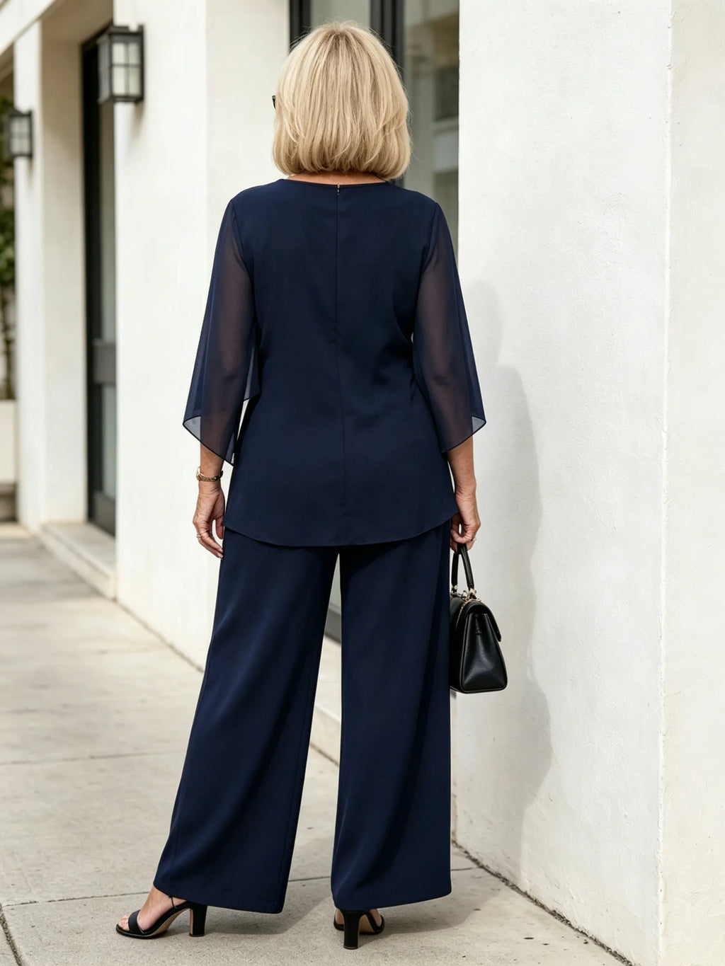 2Pcs Light Blue Chiffon 2 Piece Outfit, Irregular Twist Flare Sleeve Top & Wide Leg Pants Set for Mature Women