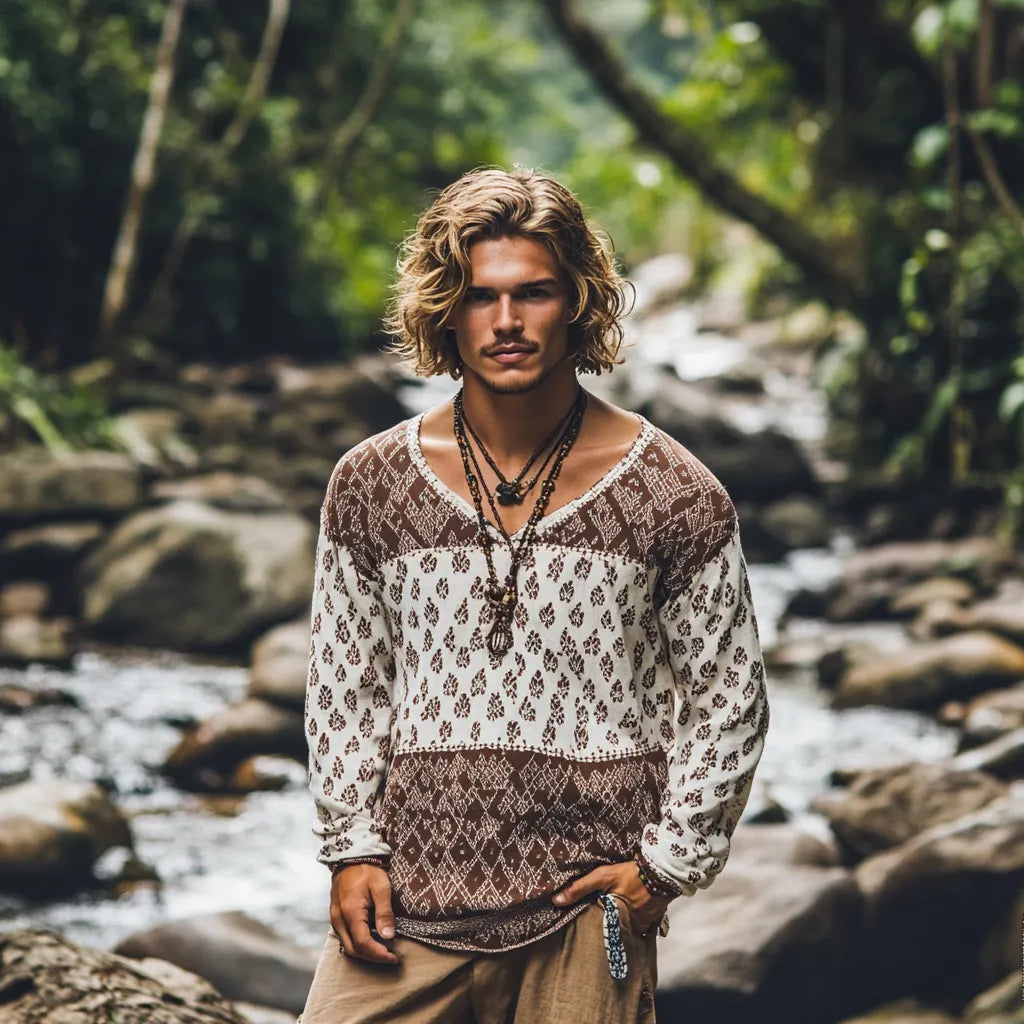 Men's Bohemian Holiday Style Vintage Printed Casual Long Sleeve Top