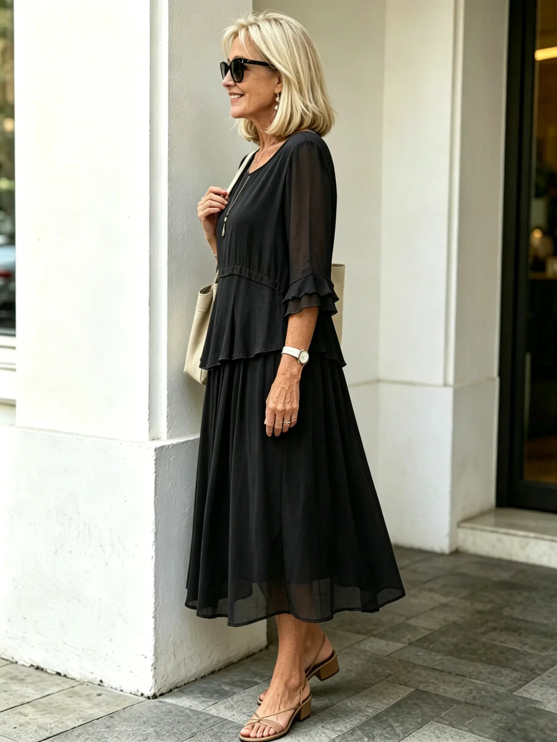 Purple Fake Two-Piece Tiered Chiffon Midi Dress, Round Neck Ruffle 3/4 Sleeve Loose Tummy Concealing Age-Reducing Dress for Mature Women