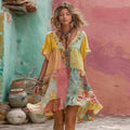 Women's Bohemian Floral Embroidery Patchwork Art V-neck Linen Blend Midi Dress