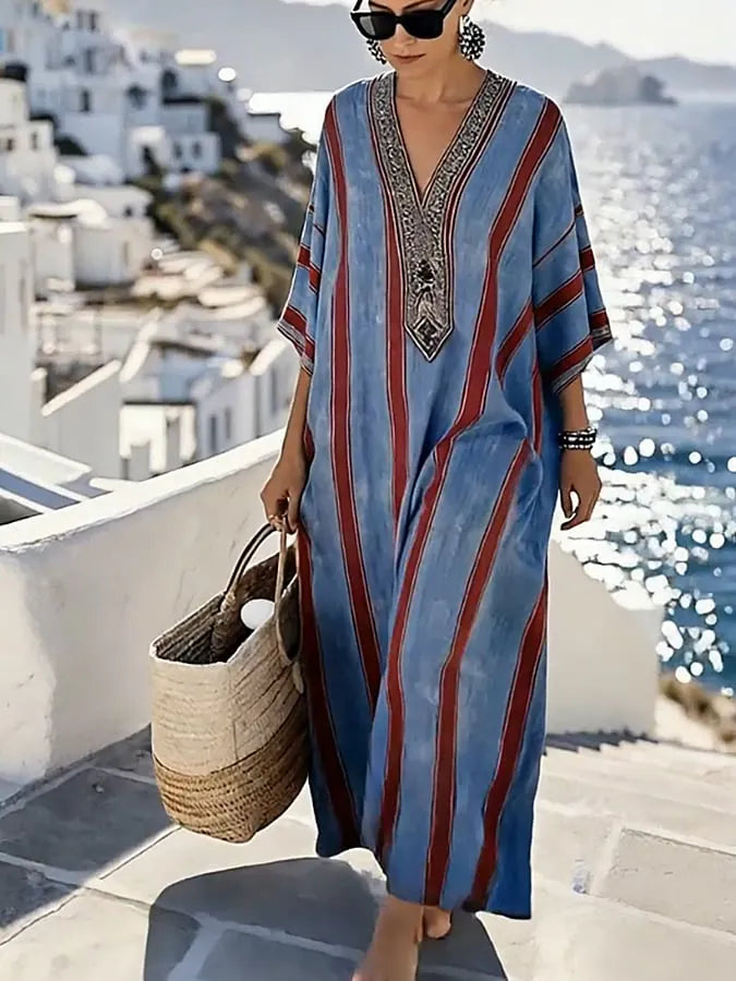 Women'S Casual Color-Block Cotton And Linen Dress