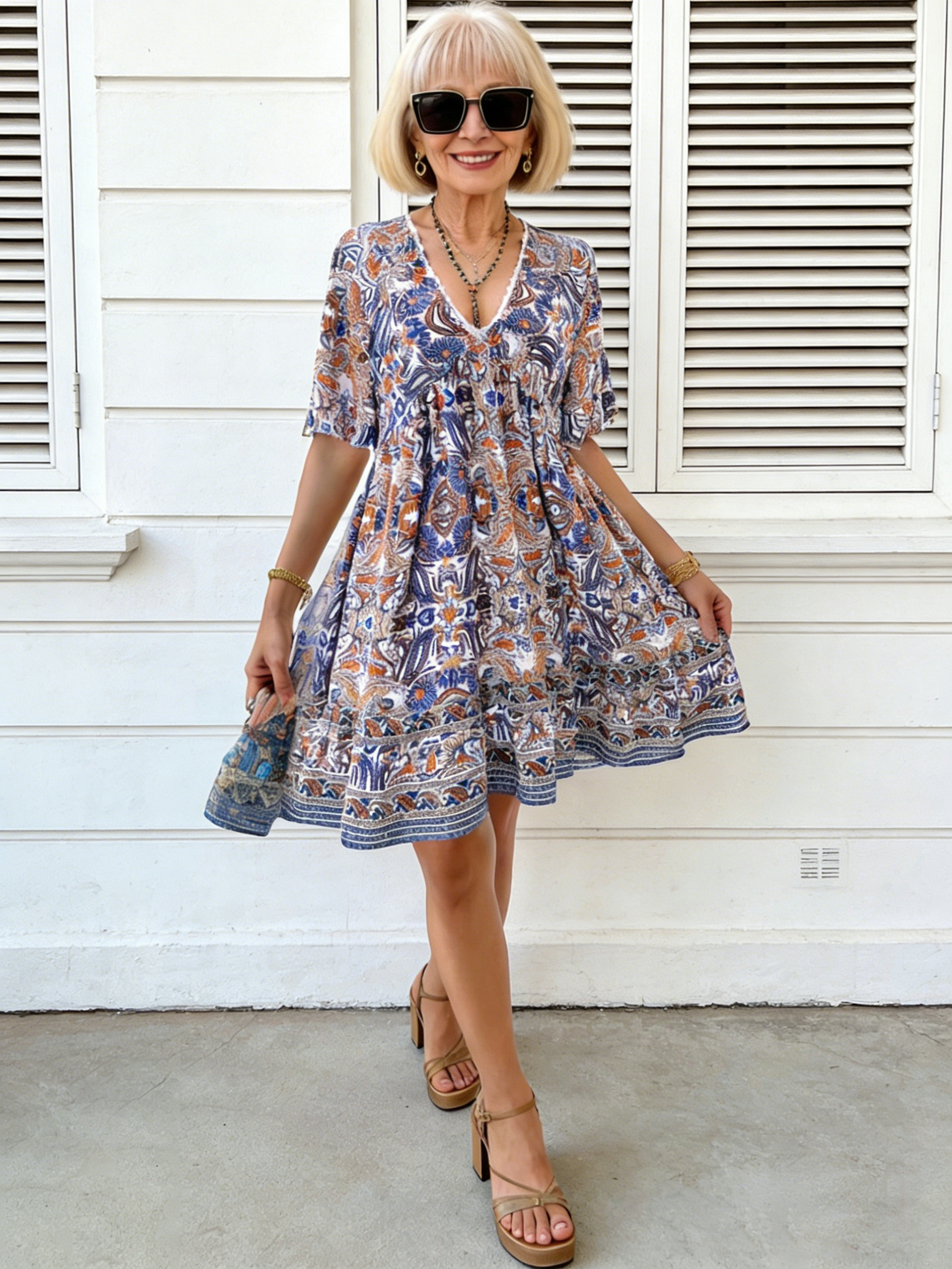 Vacation Casual Printed V-Neck Dress
