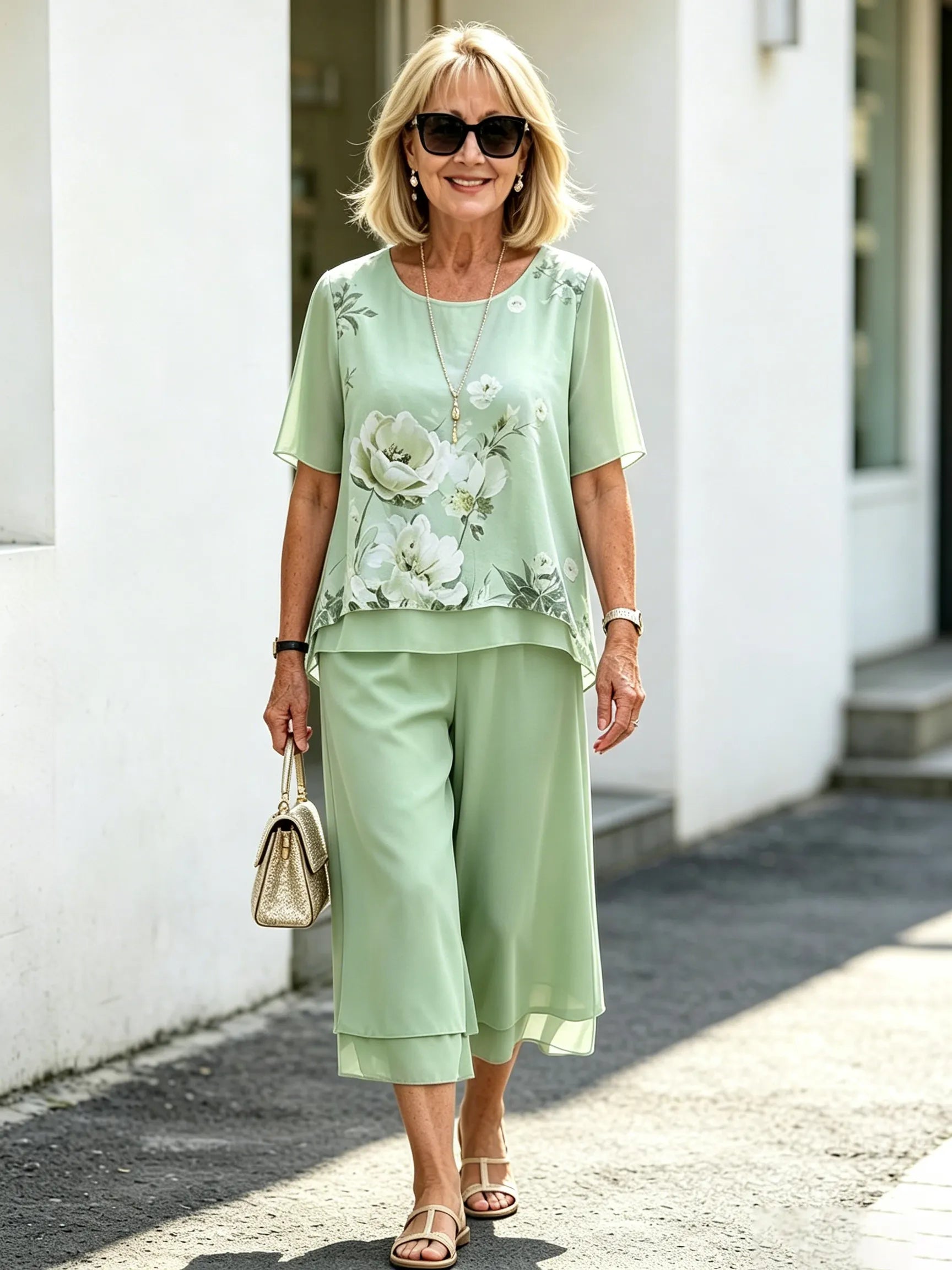 Light Blue Floral Chiffon 2 Piece Outfit, Round Neck Short Sleeve Print Top & Layered Culottes Set for Mature Women
