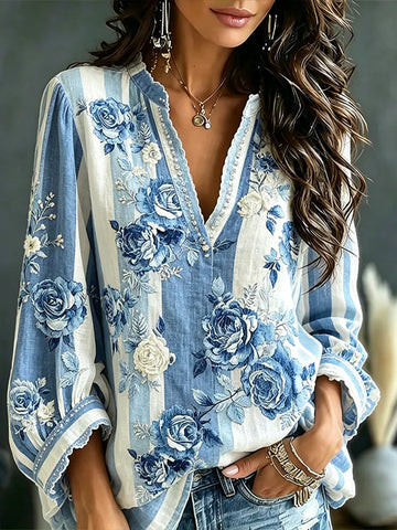 Women's Floral Pattern Embroidery Stripe Color Block Patchwork Design Casual Linen Top