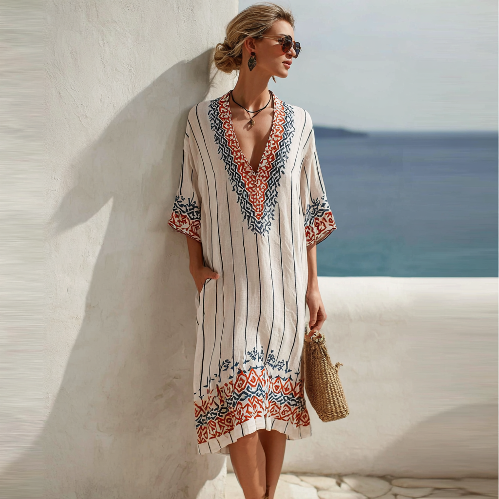 Geometric Pattern Design Casual Linen Vacation Style Dress