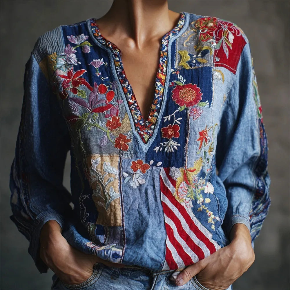 Independence Day Vintage Ethnic Floral Embroidery Women's Linen V-neck Shirt