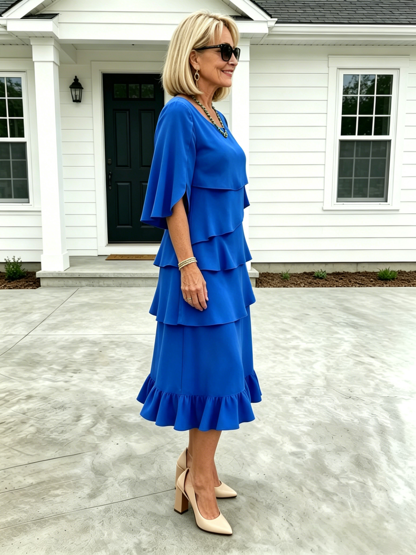 (Length end to the knee)Black Dress Style Fashion Solid Color Round Neck Cake Skirt Splicing Dress Women's Clothing