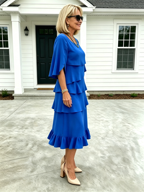 (Length end to the knee)Black Dress Style Fashion Solid Color Round Neck Cake Skirt Splicing Dress Women's Clothing
