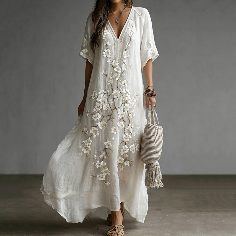 Vintage Japanese Plum Blossom Art Embroidered Casual Linen Maxi Dress