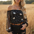 Women's Casual Lace Mesh Embroidery Long Sleeves Top Shirt