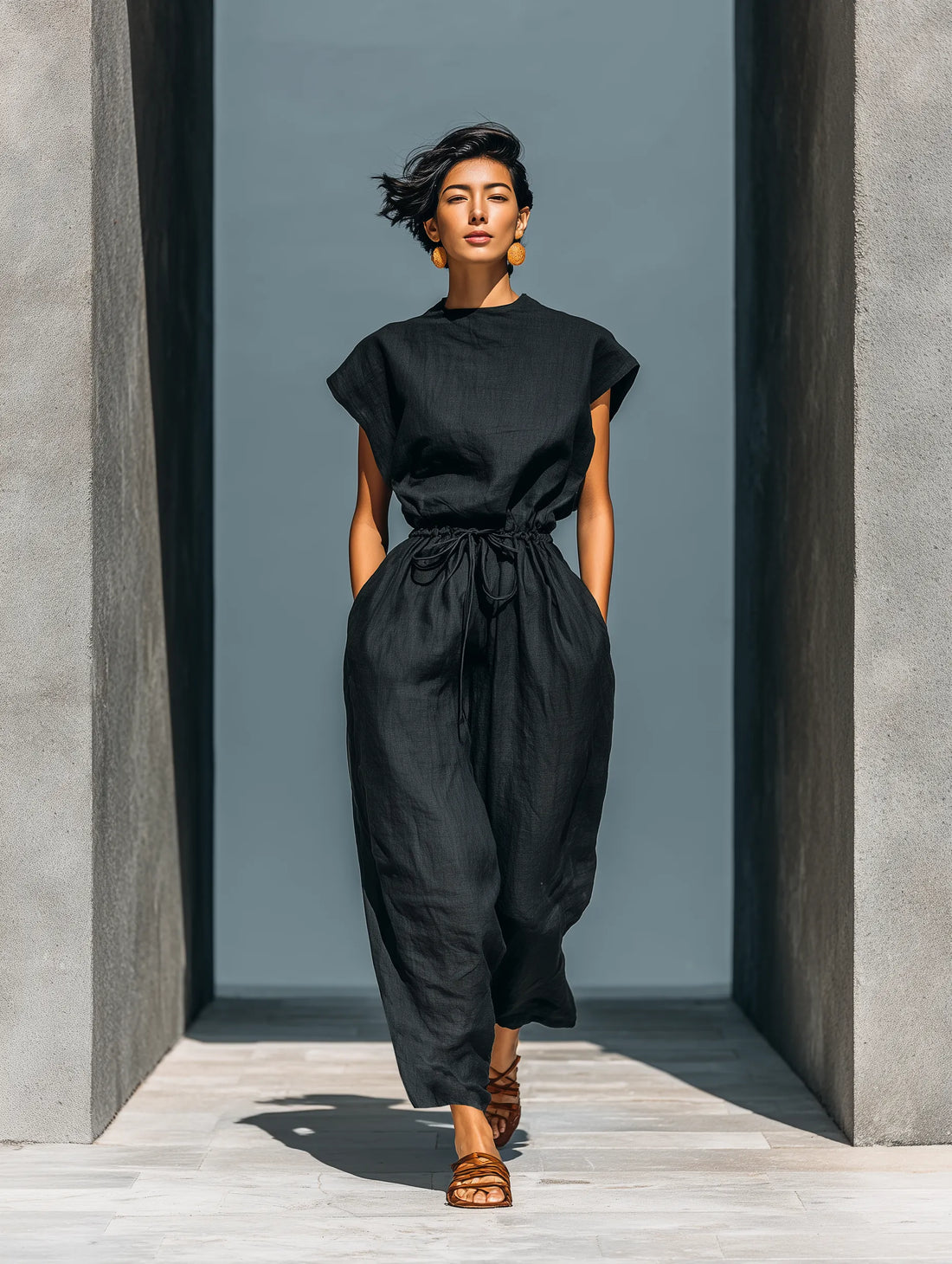 Women’s Black Linen-Blend Round Neck Cap Sleeve Drawstring Waist Backless Wide-Leg Jumpsuit MDZ2209D3T