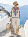 Women'S Casual Printed Cotton And Linen Two-Piece Set