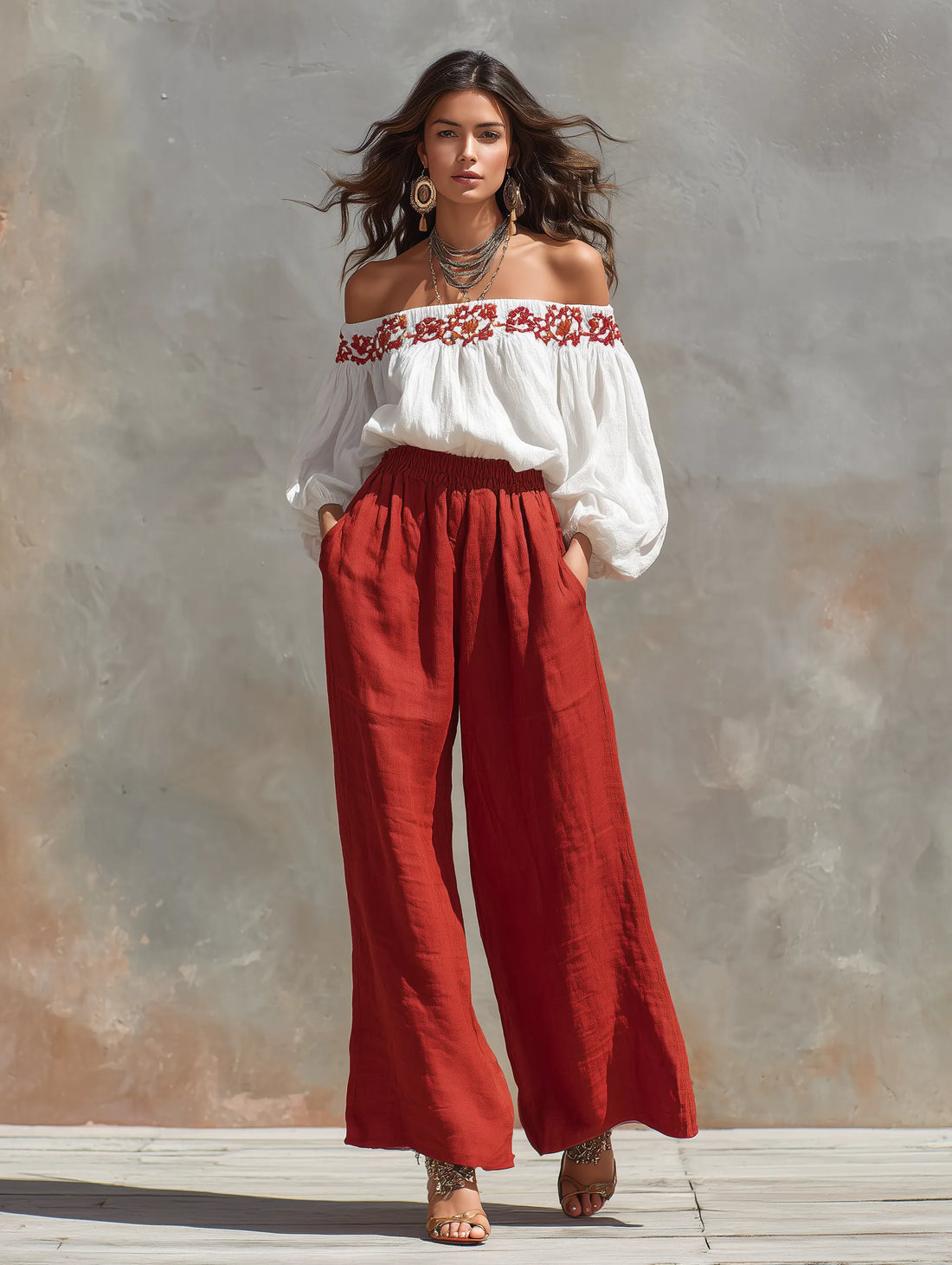 Women's Minimalist Solid-Color Linen-Blend Wide-Leg Pants With Elastic Waist MDZ1346D4Y