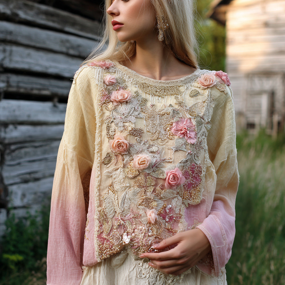 Boho Rose Floral Embroidery Women's Linen Long Sleeve T-shirt