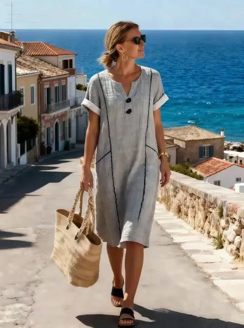 Women's V-Neck Casual Loose Short-Sleeved Dress