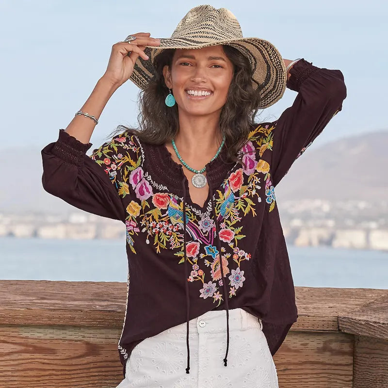 Women's Bohemian Floral Embroidered Blouse With Tassel Tie