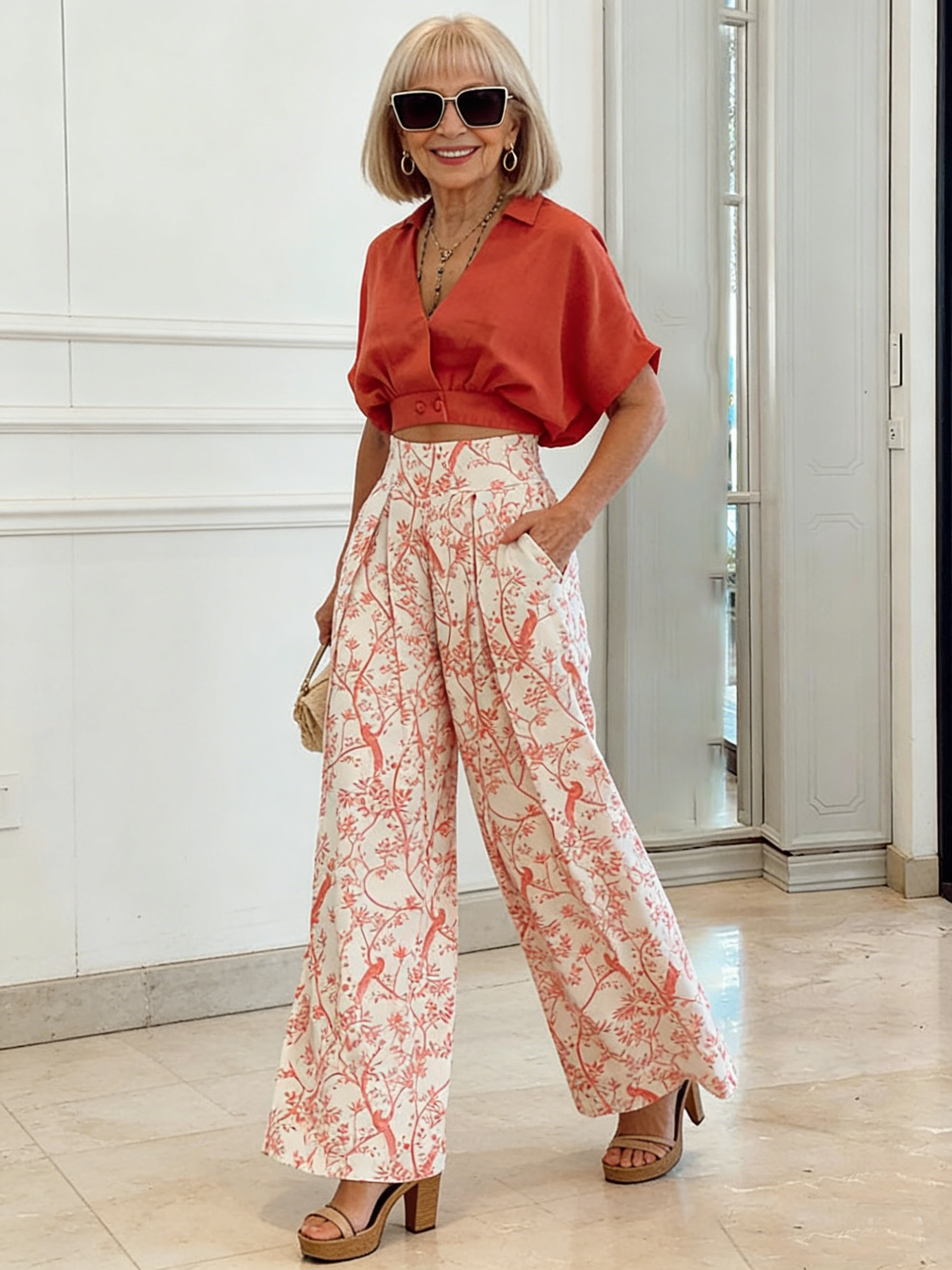 Summer V-neck Print Two-Piece Set
