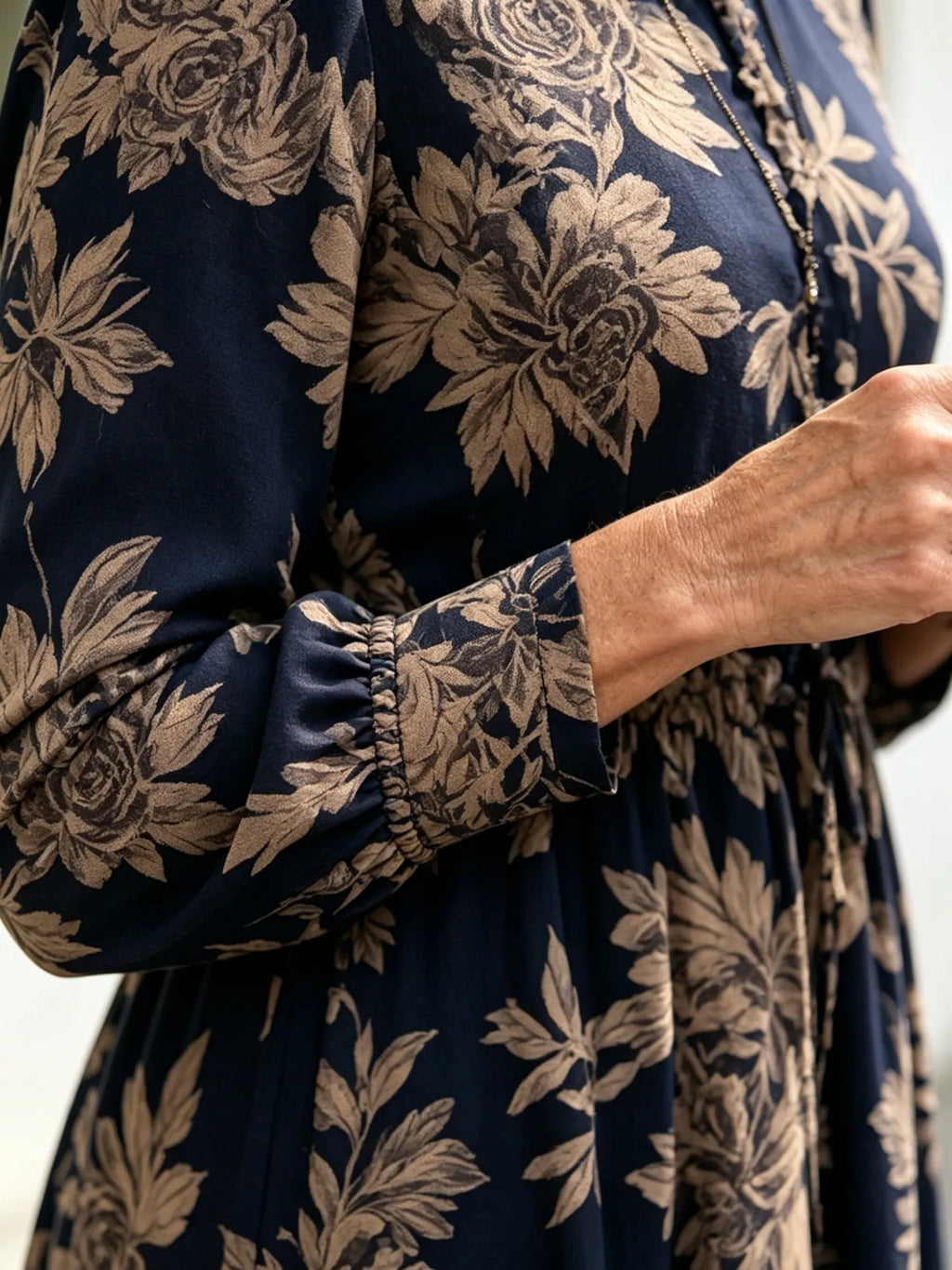 Navy Vintage Floral Maxi Dress, Ruffle Neck 3/4 Sleeve Elastic Waist Slimming Dress for Mature Women
