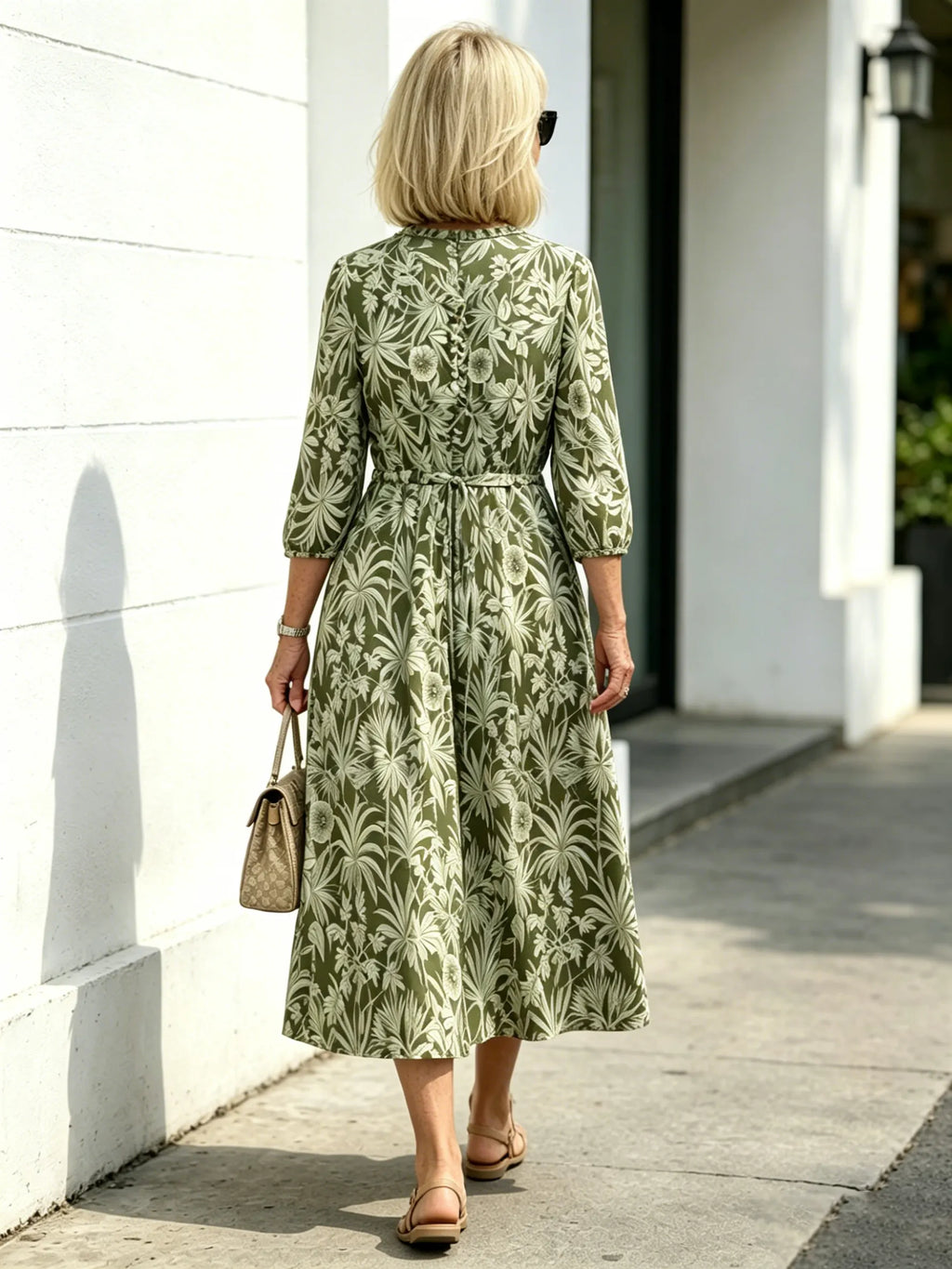 Navy Vintage Floral Maxi Dress, Ruffle Neck 3/4 Sleeve Elastic Waist Slimming Dress for Mature Women