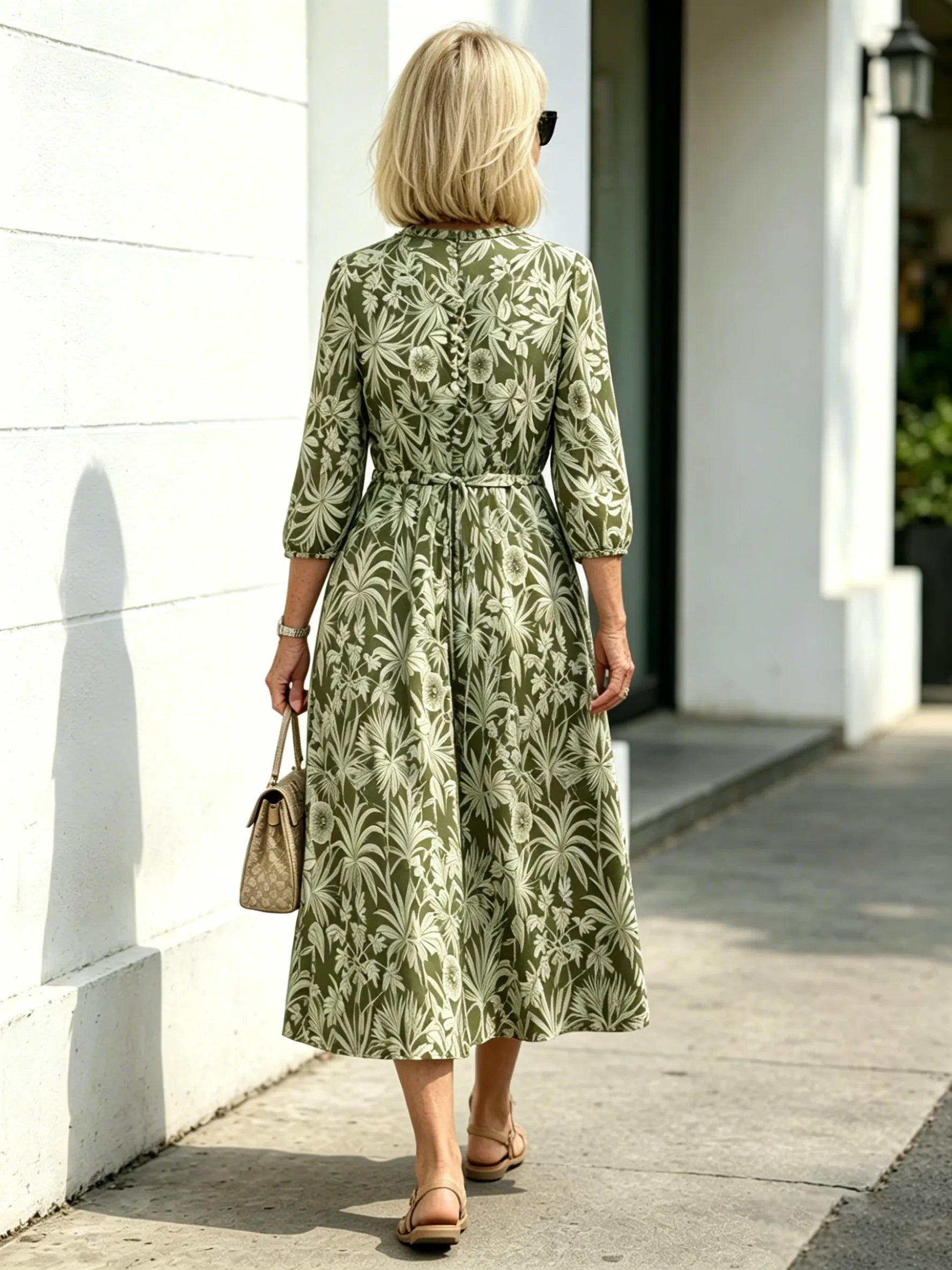 Navy Vintage Floral Maxi Dress, Ruffle Neck 3/4 Sleeve Elastic Waist Slimming Dress for Mature Women
