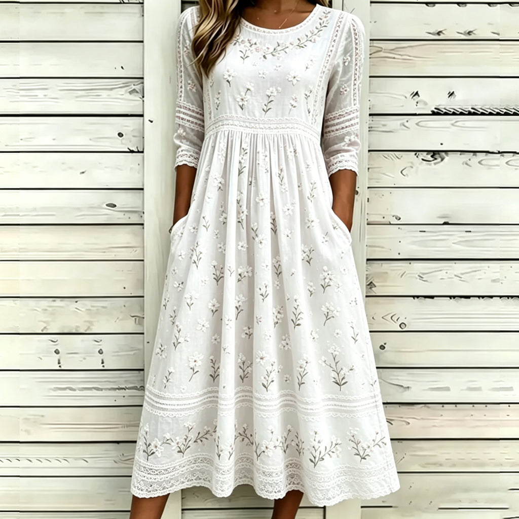 Vintage White Cherry Blossom Art And Lace Art Light Pink Cotton Linen Loose Round Neck Dress