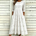 Vintage White Cherry Blossom Art And Lace Art Light Pink Cotton Linen Loose Round Neck Dress