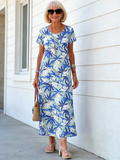 Long Dress Crew Neck Short Sleeve Plant Floral Print Dress