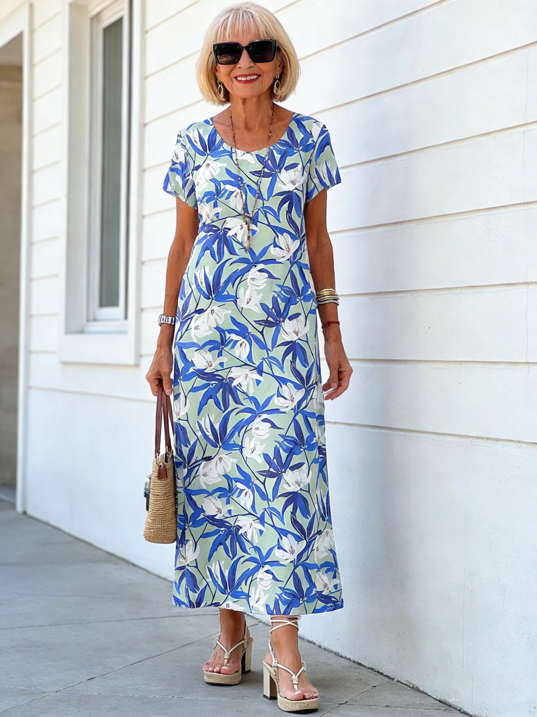 Long Dress Crew Neck Short Sleeve Plant Floral Print Dress