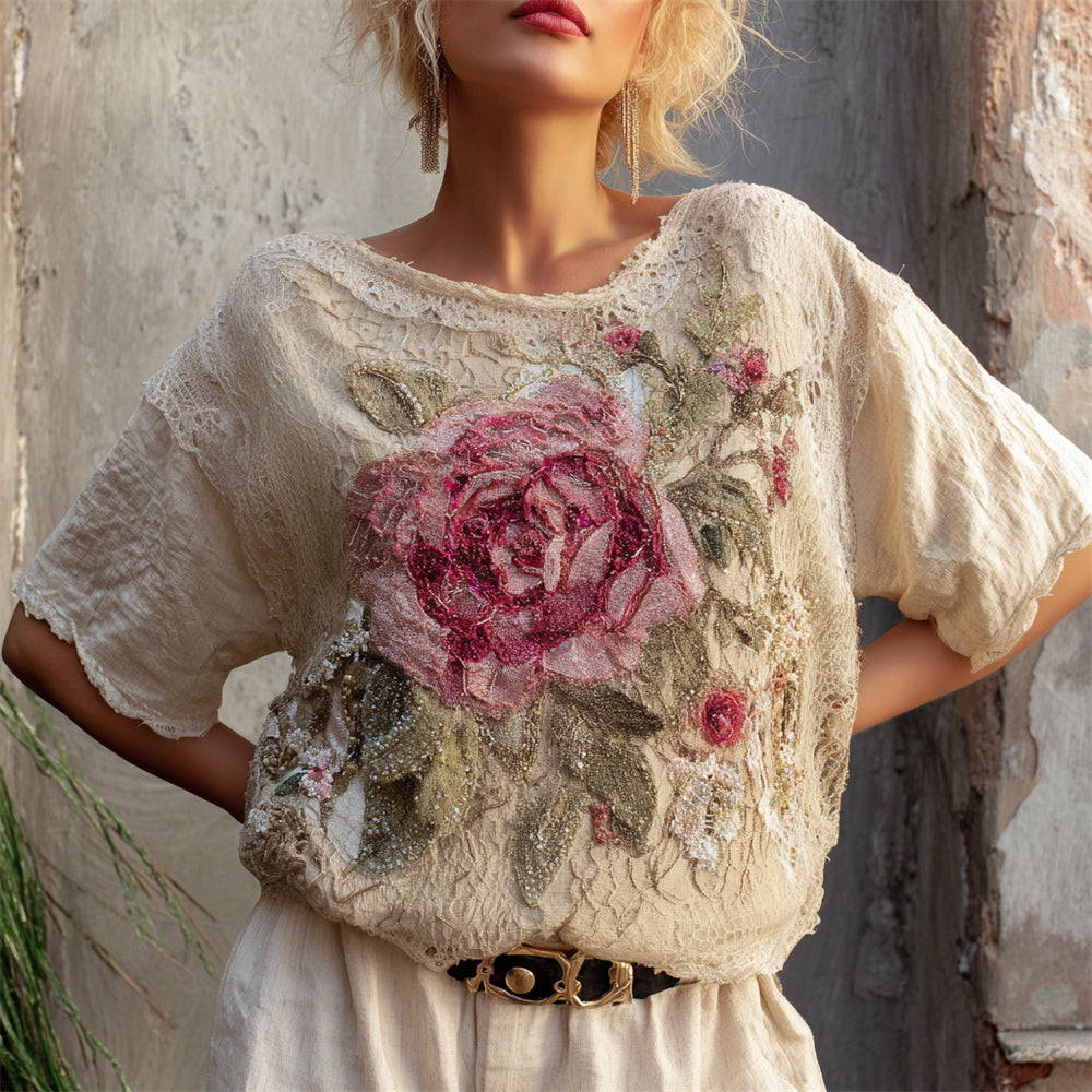 Boho Rose Floral Embroidery Women's Linen Top