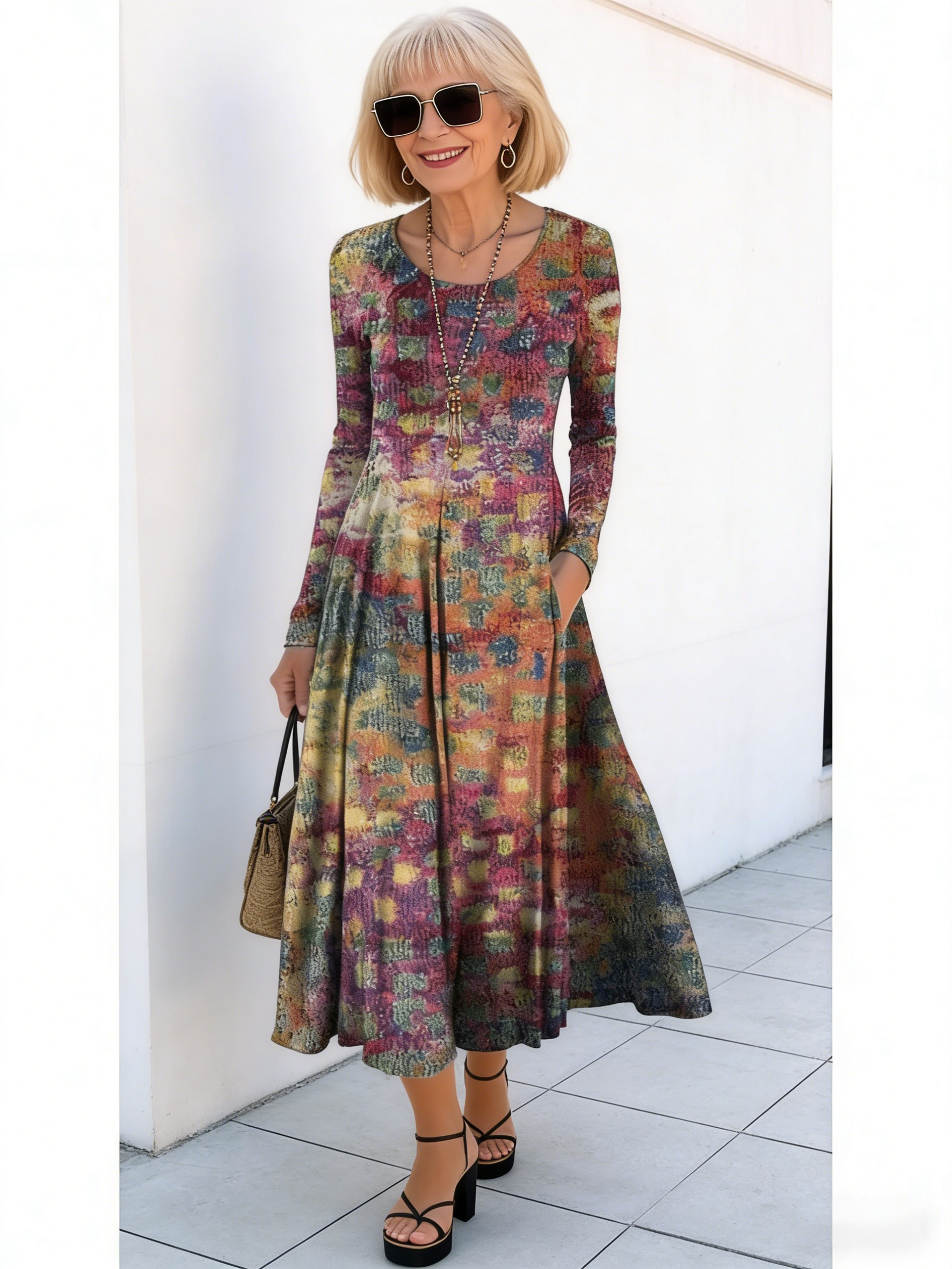 Crew Neck Long Sleeve Loose Geometric Pattern Printed Pendulum Dress