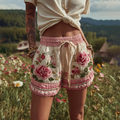 Women's Patchwork Rose Floral Contrast Drawstring Shorts