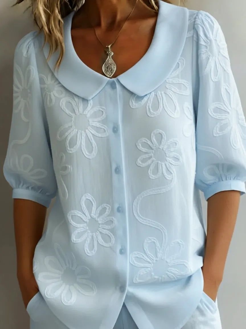 Vintage Peter Pan Collar Embroidered Floral Shirt