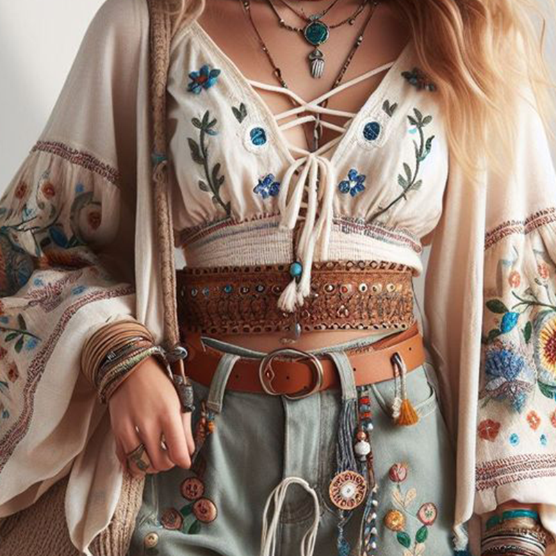 Women's Loose Shoulder Casual Bohemian Style Aztek Embroidery Outfit Fashion Tether Top Cardigan