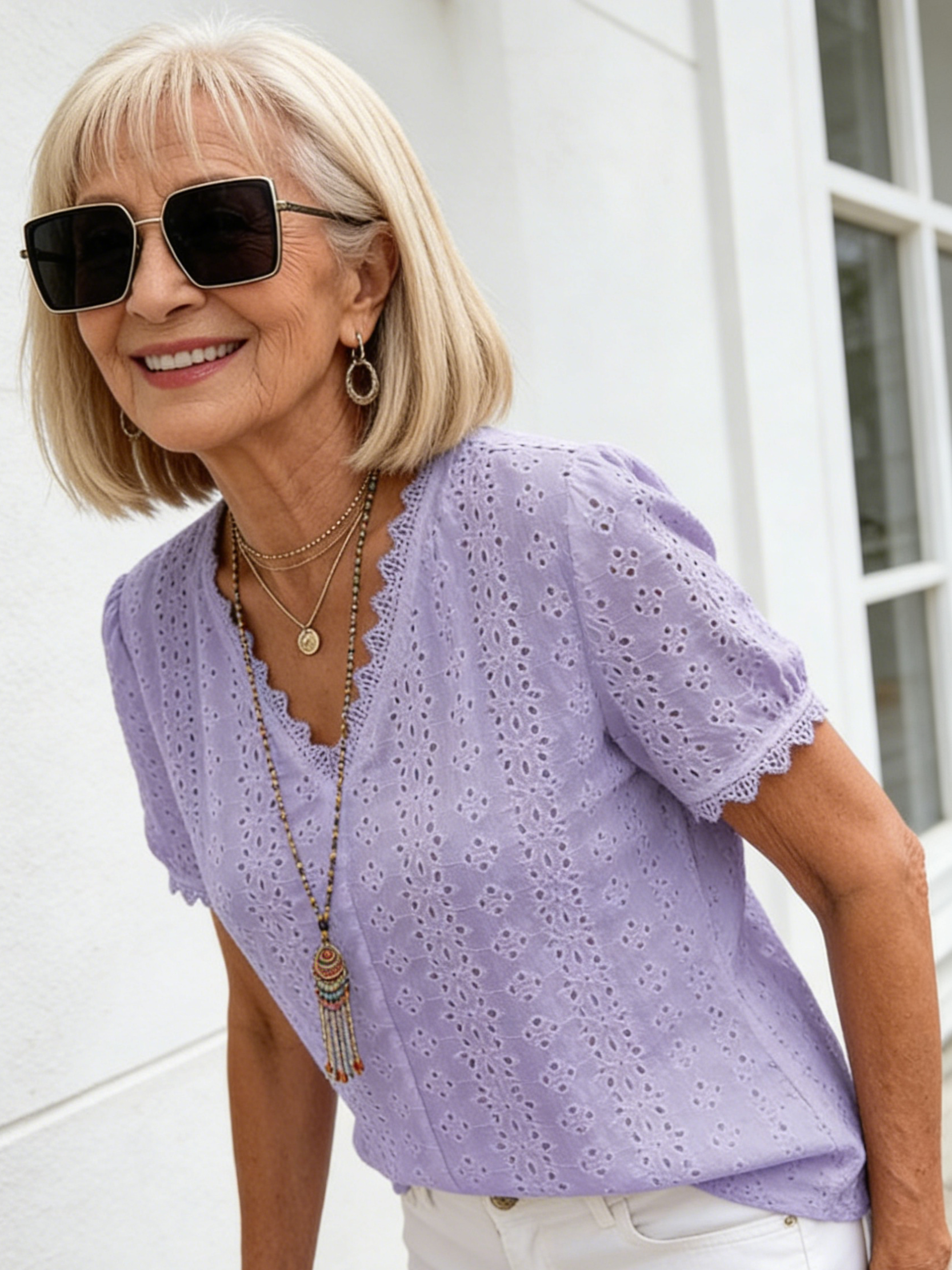 Textured Fabric Solid Color Short Sleeve Hollow Shirt