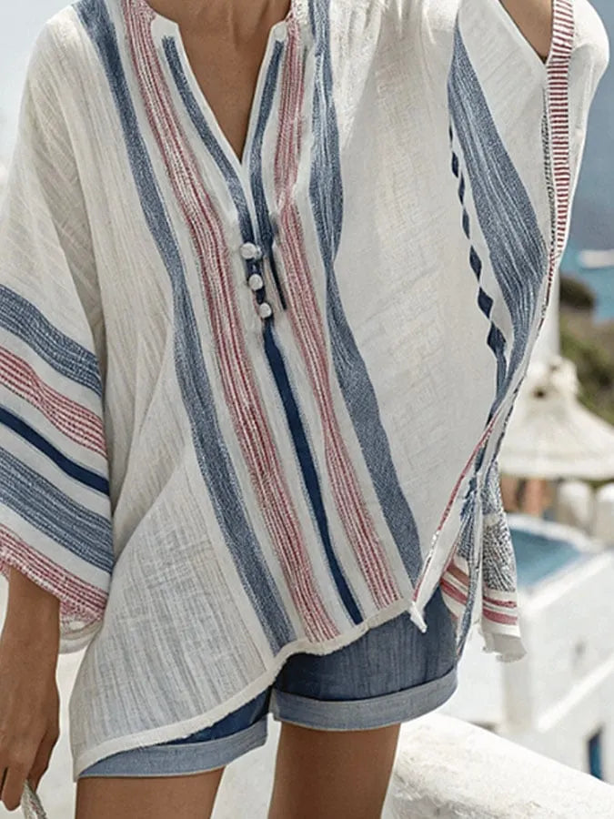 Women's Vacation V-neck Three-quarter Sleeve Striped Print Loose Top Shorts Cotton and Linen Suit