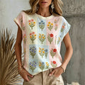 Women's Floral Art Embroidery Color Block Casual Cotton Linen T-shirt