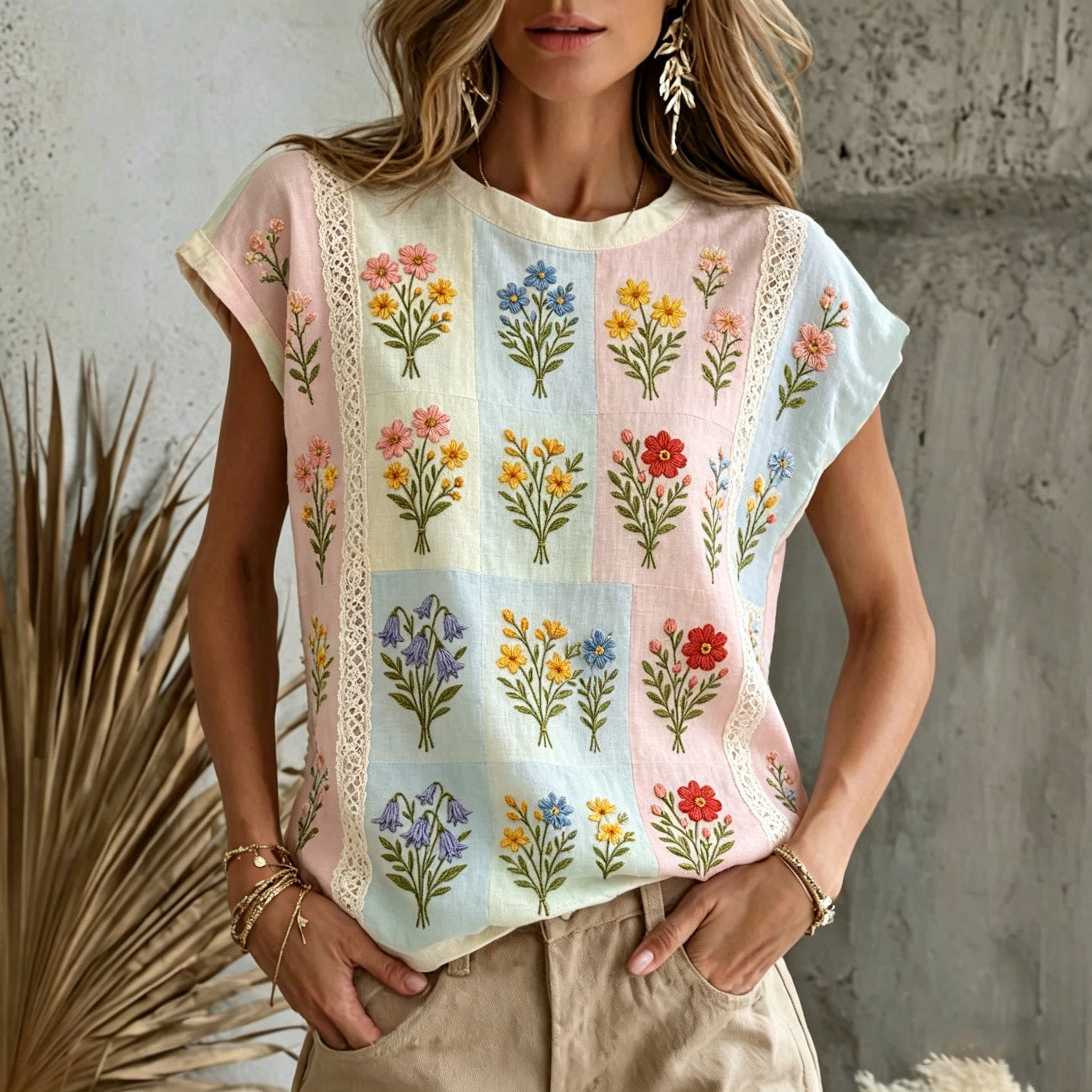 Women's Floral Art Embroidery Color Block Casual Cotton Linen T-shirt