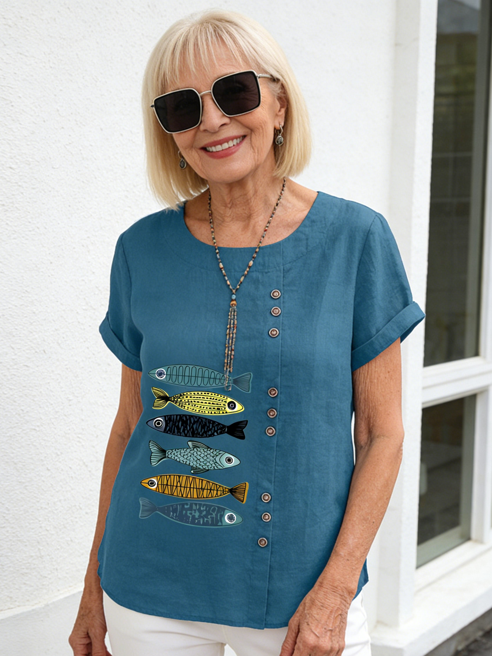 Cotton and Linen Printed Shirt Women