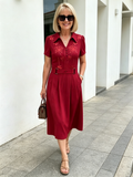 Brown Collared Sequin Embellished A-Line Midi Dress, Belted Waist Short Sleeve Elegant Dress for Mature Plus Size Women