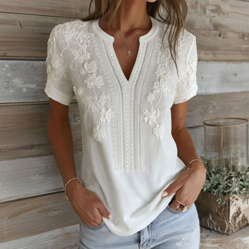 Women's Floral Art Embroidery Casual Linen Blend T-shirt