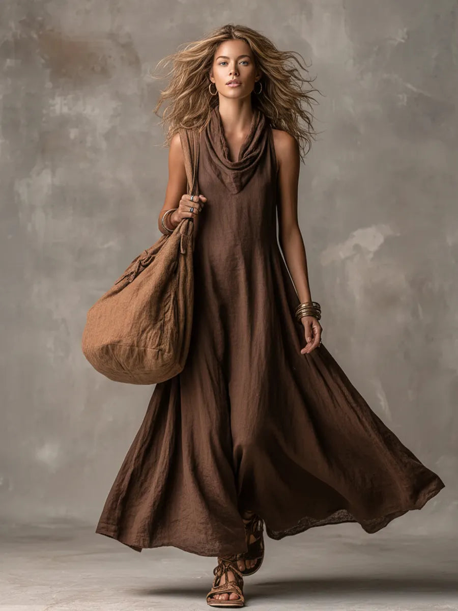 Women's Bohemian Dark Brown Linen-Cotton Cowl Neck Sleeveless Flowy Maxi Dress MDZ2220D4GMJ