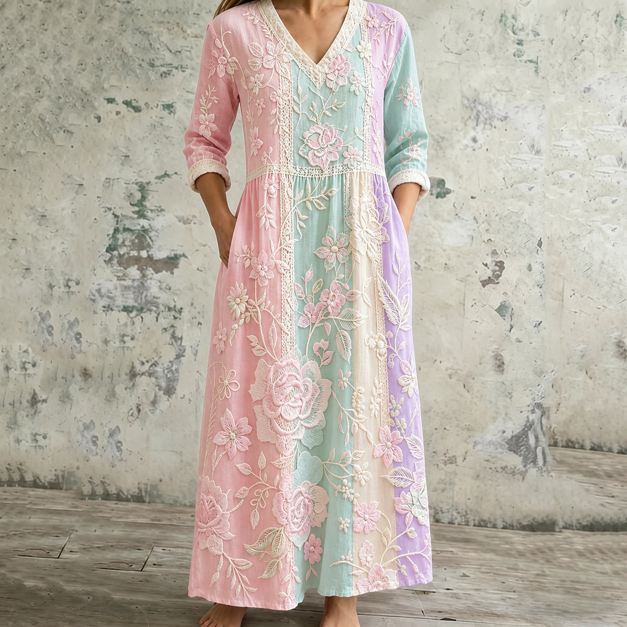 Women's Vintage Floral Patchwork Art Casual Linen Dress