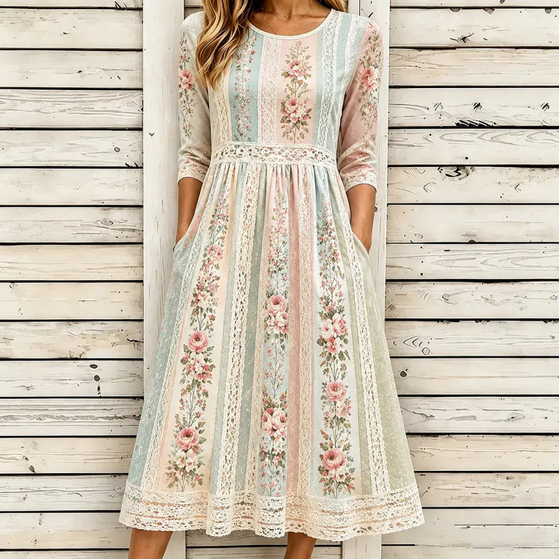 Women's Vintage Floral Patchwork Art Round Neck Midi Dress