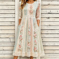 Women's Vintage Floral Patchwork Art Round Neck Midi Dress