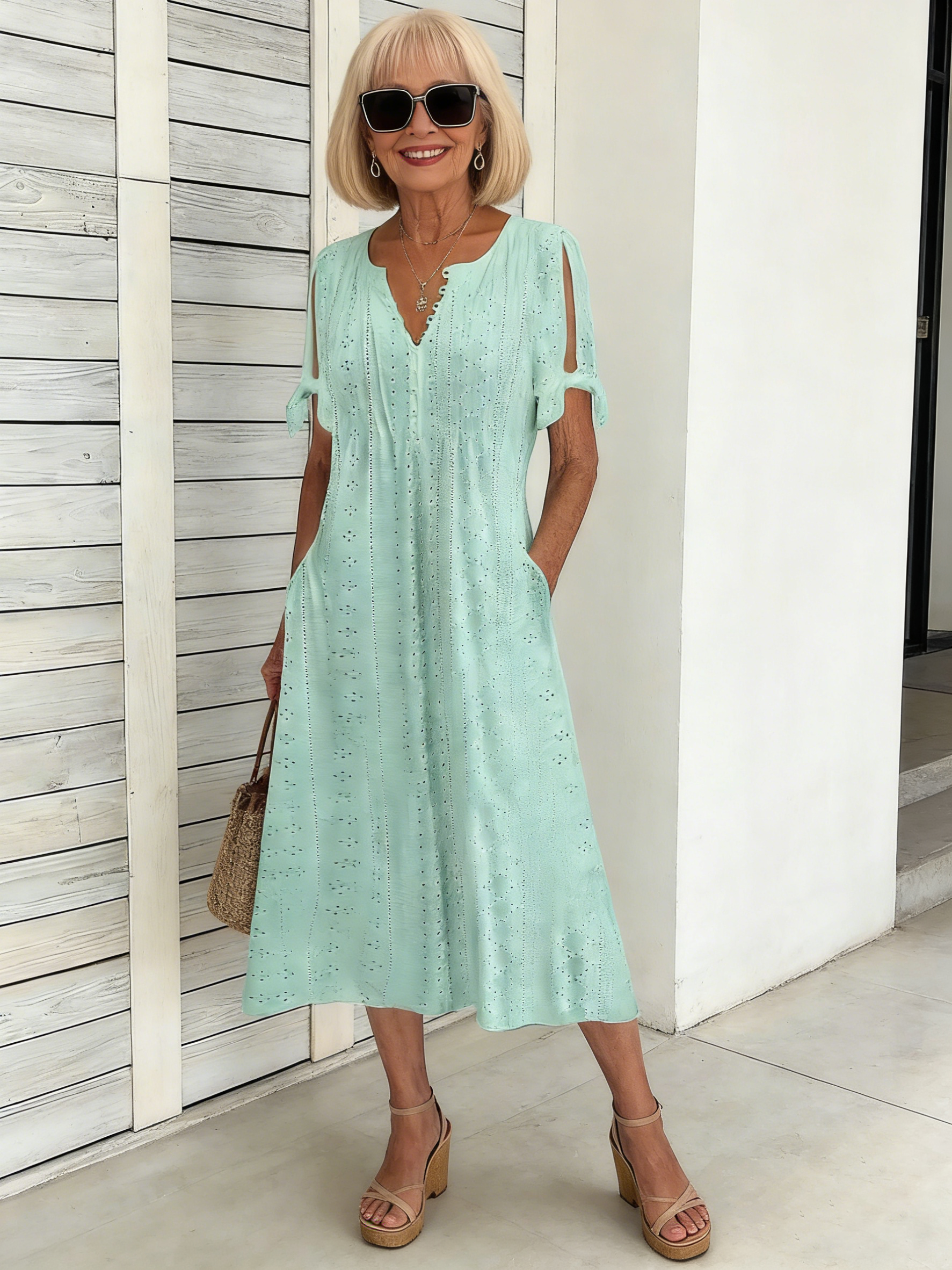 Dress Hollow V-Neck Lace Frilly